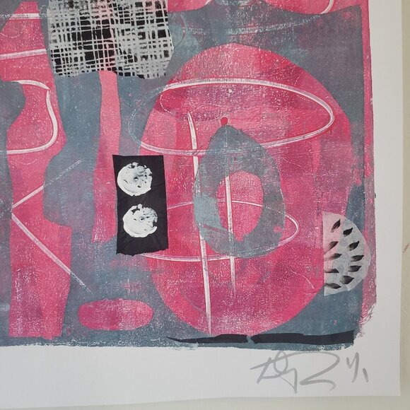 Idyllwild - Original Monoprint Art Print Signed MCM Abstract w Collage 18 X 24 - Picture 5 of 5